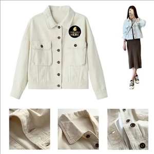 Beige White Women's Cropped Denim Jacket
